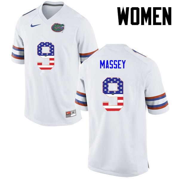 Women's NCAA Florida Gators Dre Massey #9 Stitched Authentic USA Flag Fashion Nike White College Football Jersey QUZ7165QI